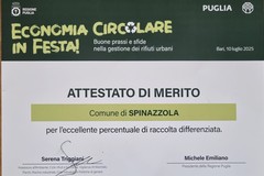 Spinazzola premiata per l'eccellente percentuale di raccolta differenziata