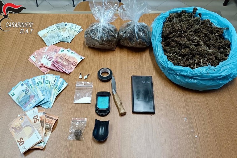 Sequestrati oltre 640 grammi tra cocaina, hashish e marijuana e denaro contante