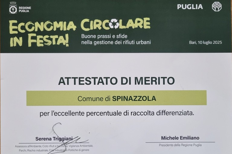 Spinazzola premiata per l'eccellente percentuale di raccolta differenziata